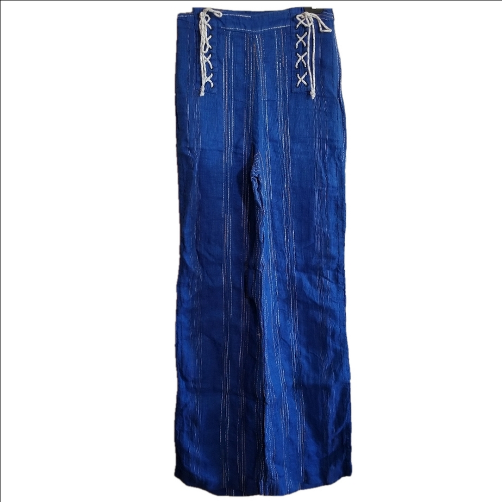 Amur Leah Linen Cotton Wide Leg High Waist Tied Pants Size 0 Blue Striped
